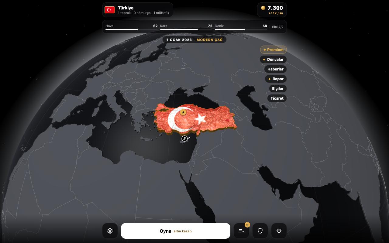 Oyunun ana ekranı: kürede oyuncunun ülkesi, üstte hazine ve ordu gücü, altta Oyna düğmesi